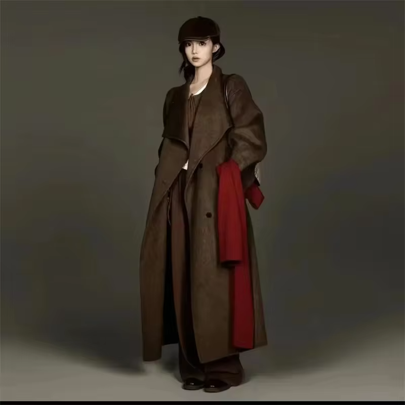 Autumn New Wool Jacket Hooded Woolen Coat Women Water Ripple Cashmere Coat Female Casual Lace-up Loose Wool Coat Classic