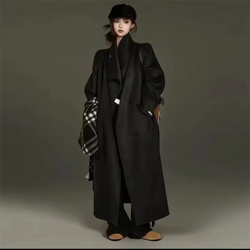 Autumn New Wool Jacket Hooded Woolen Coat Women Water Ripple Cashmere Coat Female Casual Lace-up Loose Wool Coat Classic