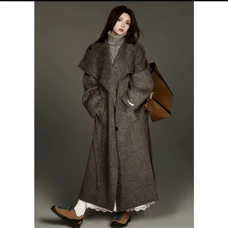 Autumn New Wool Jacket Hooded Woolen Coat Women Water Ripple Cashmere Coat Female Casual Lace-up Loose Wool Coat Classic