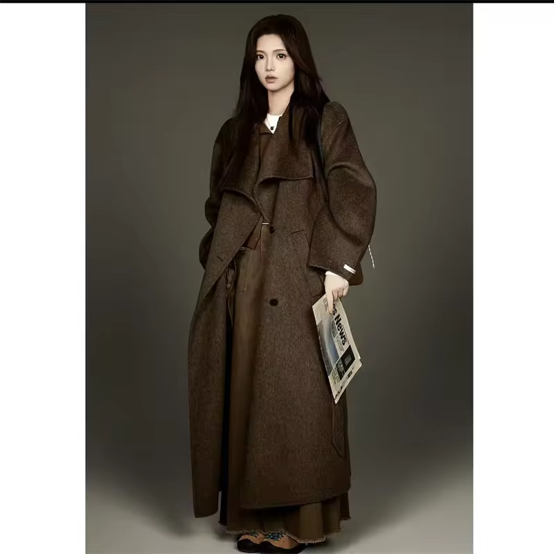 Autumn New Wool Jacket Hooded Woolen Coat Women Water Ripple Cashmere Coat Female Casual Lace-up Loose Wool Coat Classic