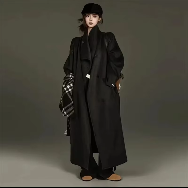 Autumn New Wool Jacket Hooded Woolen Coat Women Water Ripple Cashmere Coat Female Casual Lace-up Loose Wool Coat Classic