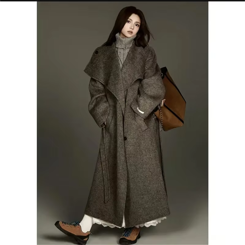 Autumn New Wool Jacket Hooded Woolen Coat Women Water Ripple Cashmere Coat Female Casual Lace-up Loose Wool Coat Classic