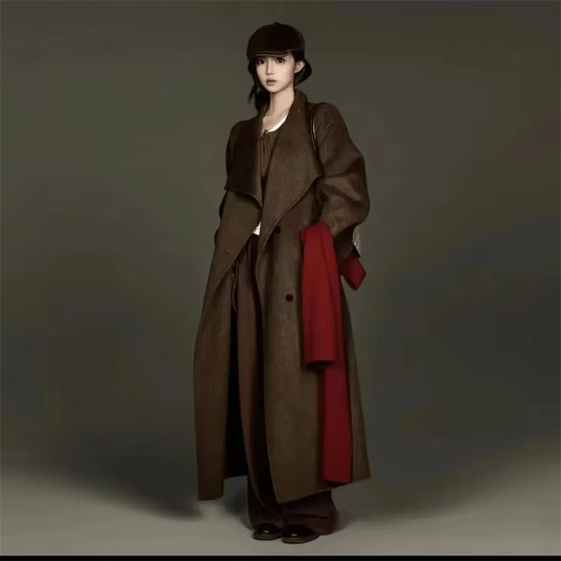 Autumn New Wool Jacket Hooded Woolen Coat Women Water Ripple Cashmere Coat Female Casual Lace-up Loose Wool Coat Classic