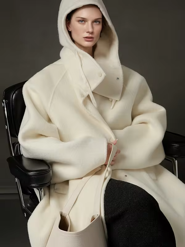 Hooded Loose Wool Coat Women, Korean Fashion Elegant Winter Jacket 2025