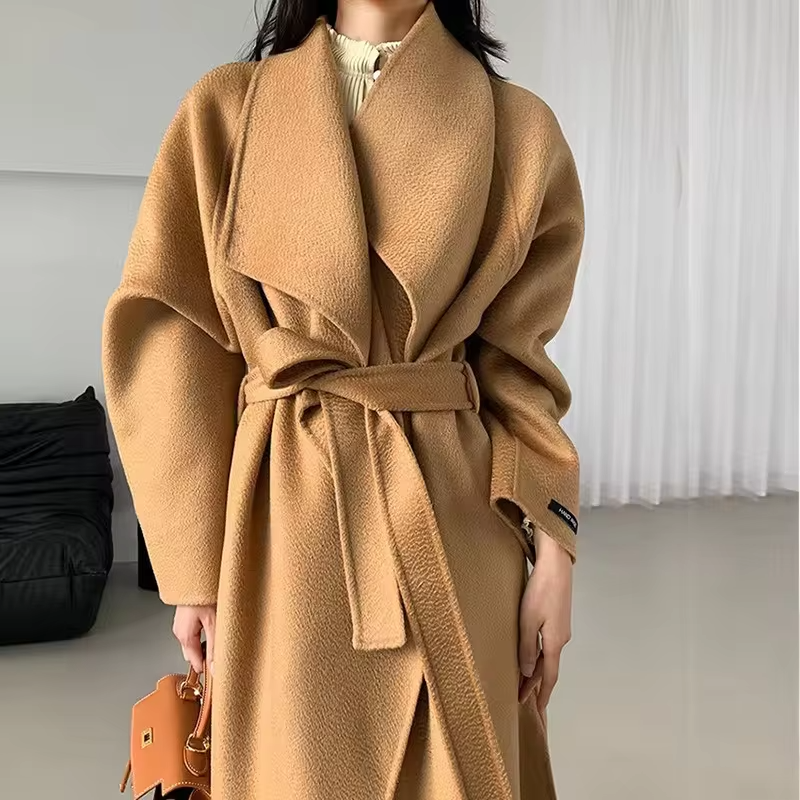 2026 New Water Ripple Double-sided Woolen Coat Wool Loose Lace-up Long Coat Women's Autumn and Winter Lace Up Lapel Cashmere