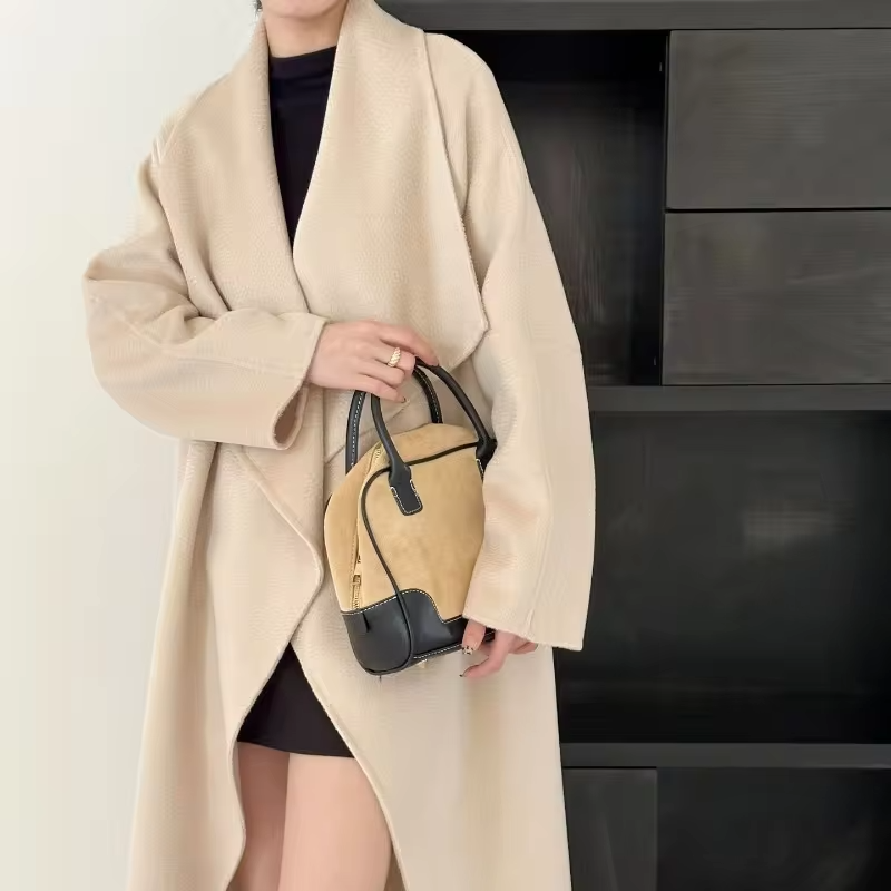 2026 New Water Ripple Double-sided Woolen Coat Wool Loose Lace-up Long Coat Women's Autumn and Winter Lace Up Lapel Cashmere
