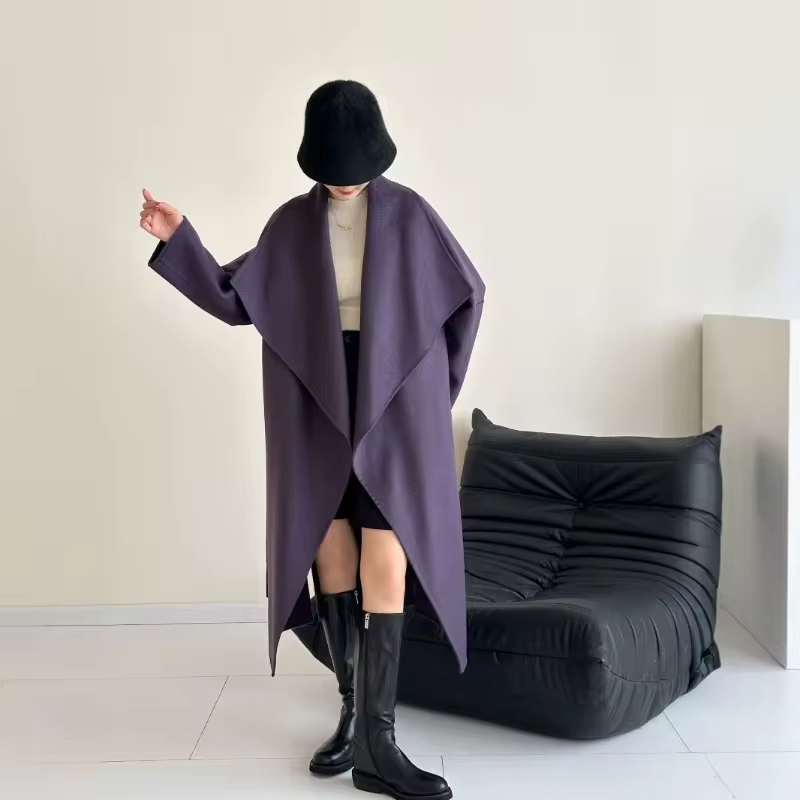 2026 New Water Ripple Double-sided Woolen Coat Wool Loose Lace-up Long Coat Women's Autumn and Winter Lace Up Lapel Cashmere
