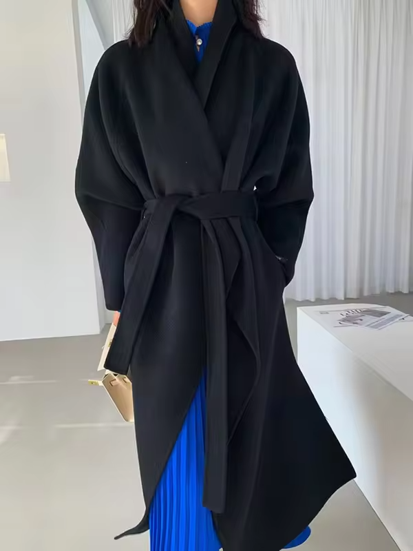 2026 New Water Ripple Double-sided Woolen Coat Wool Loose Lace-up Long Coat Women's Autumn and Winter Lace Up Lapel Cashmere