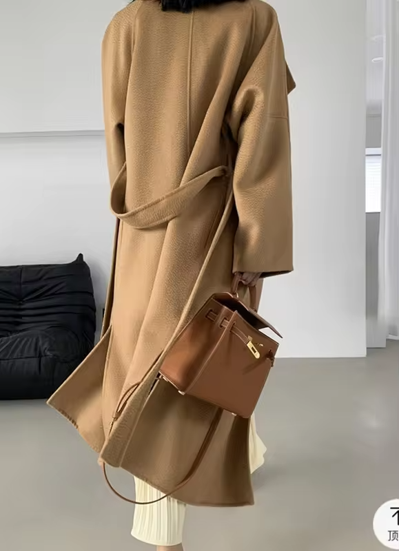 2026 New Water Ripple Double-sided Woolen Coat Wool Loose Lace-up Long Coat Women's Autumn and Winter Lace Up Lapel Cashmere