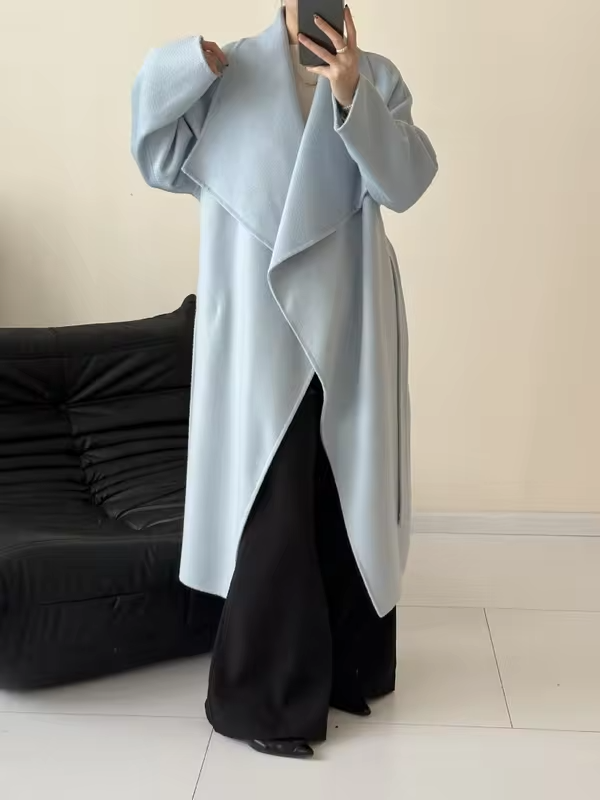 2026 New Water Ripple Double-sided Woolen Coat Wool Loose Lace-up Long Coat Women's Autumn and Winter Lace Up Lapel Cashmere