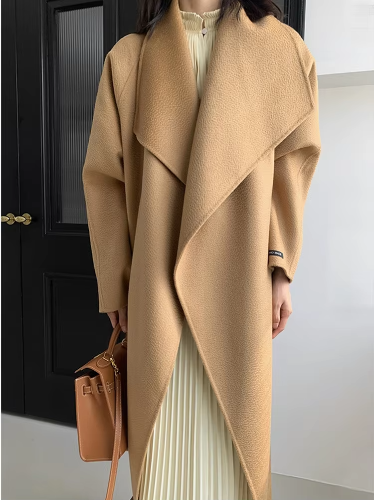 2026 New Water Ripple Double-sided Woolen Coat Wool Loose Lace-up Long Coat Women's Autumn and Winter Lace Up Lapel Cashmere
