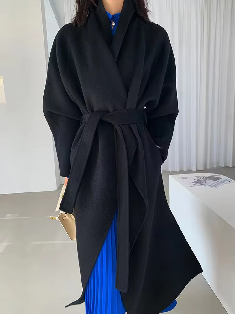 2026 New Water Ripple Double-sided Woolen Coat Wool Loose Lace-up Long Coat Women's Autumn and Winter Lace Up Lapel Cashmere