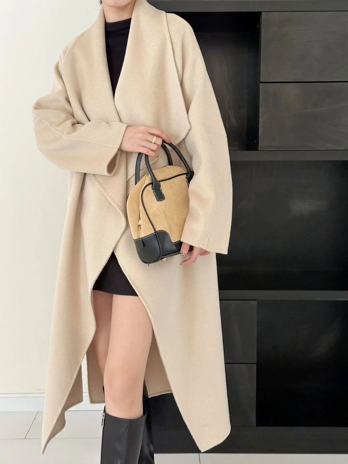 2026 New Water Ripple Double-sided Woolen Coat Wool Loose Lace-up Long Coat Women's Autumn and Winter Lace Up Lapel Cashmere