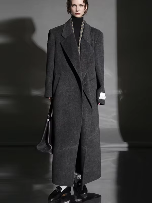 One Button Turn-down Collar Wool Coat Women, Fashion Elegant Long Winter Jacket