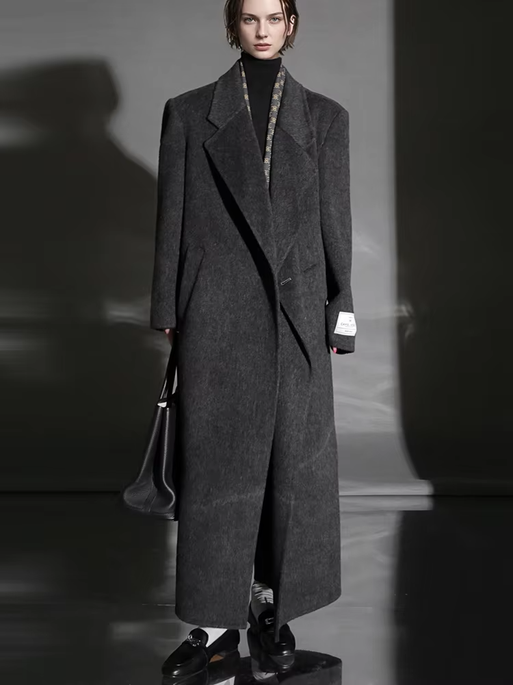 One Button Turn-down Collar Wool Coat Women, Fashion Elegant Long Winter Jacket