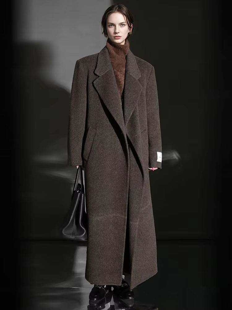 One Button Turn-down Collar Wool Coat Women, Fashion Elegant Long Winter Jacket