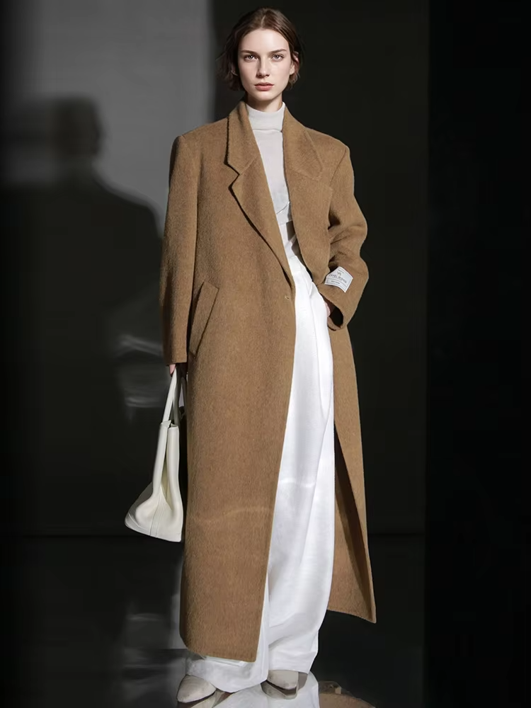 One Button Turn-down Collar Wool Coat Women, Fashion Elegant Long Winter Jacket