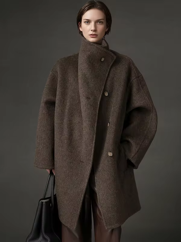 Stand Collar Loose Wool Coat Women, Fashion Elegant Autumn Winter Jacket 2025
