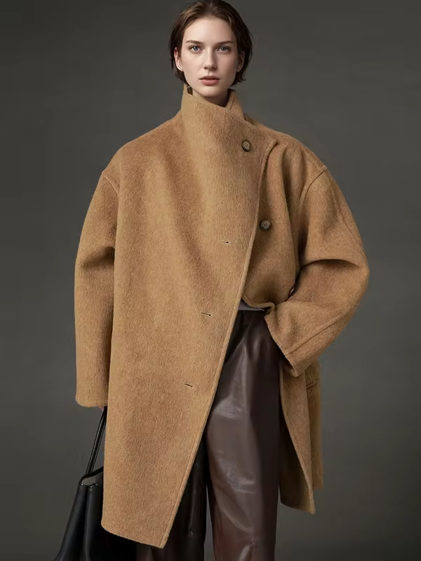 Stand Collar Loose Wool Coat Women, Fashion Elegant Autumn Winter Jacket 2025