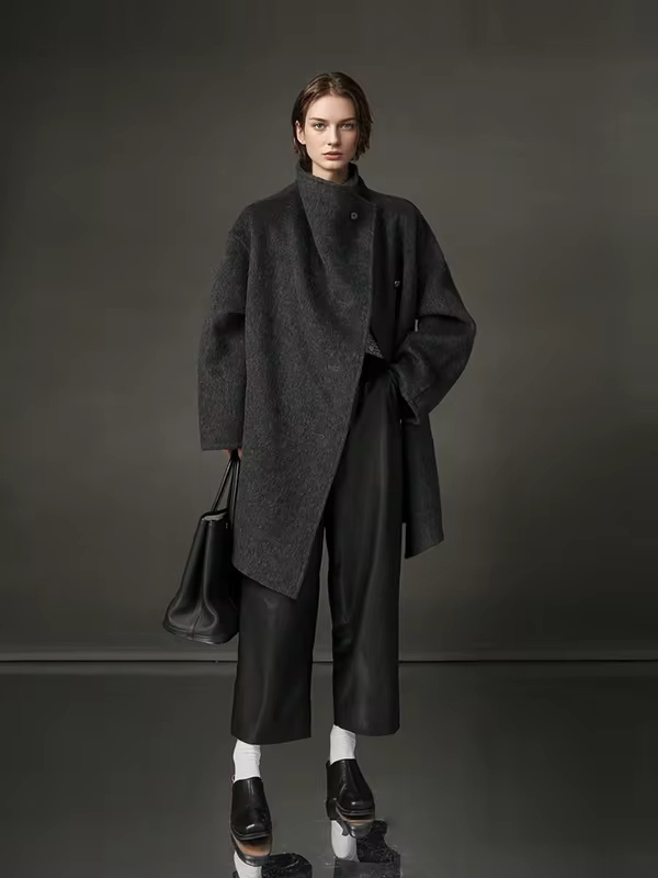 Stand Collar Loose Wool Coat Women, Fashion Elegant Autumn Winter Jacket 2025