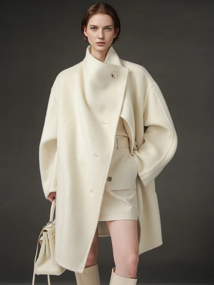 Stand Collar Loose Wool Coat Women, Fashion Elegant Autumn Winter Jacket 2025