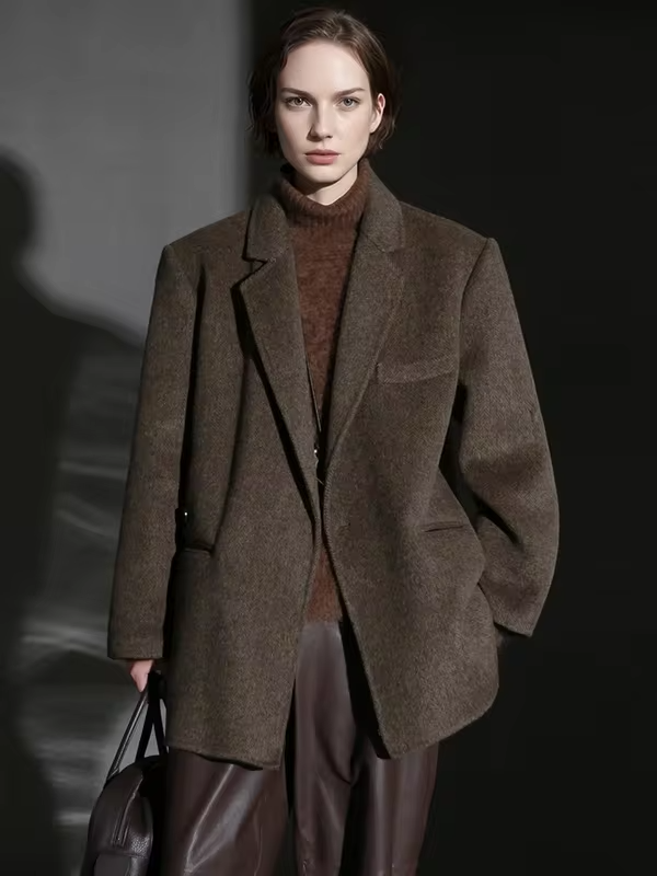 Herringbone Right Angled Shoulder Wool Blazer Coat Women, Fashion Ladies Autumn Winter Jacket