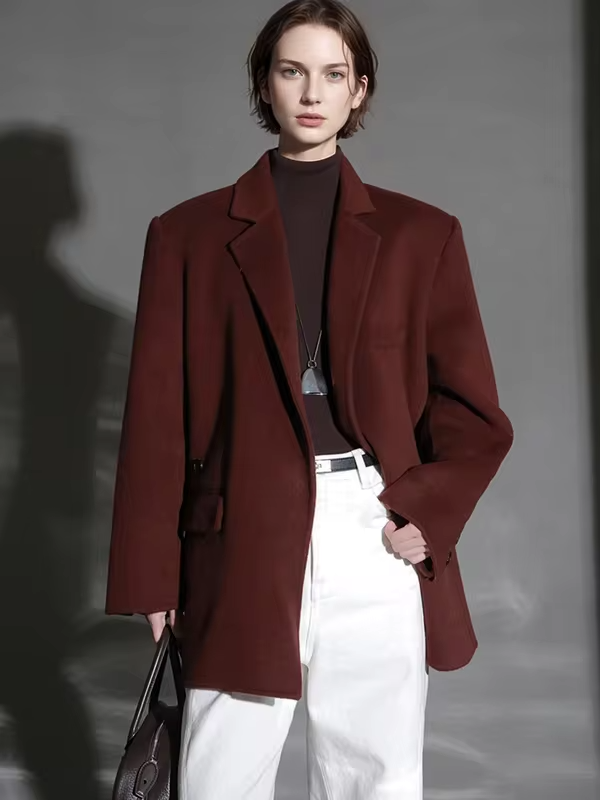 Herringbone Right Angled Shoulder Wool Blazer Coat Women, Fashion Ladies Autumn Winter Jacket