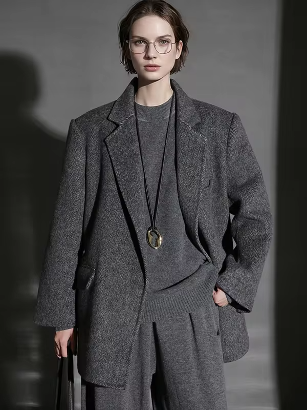 Herringbone Right Angled Shoulder Wool Blazer Coat Women, Fashion Ladies Autumn Winter Jacket
