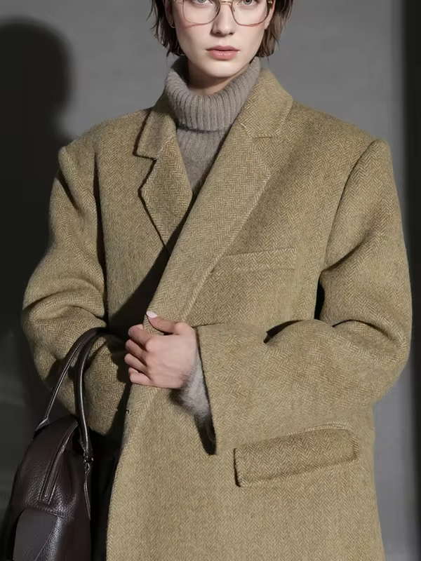 Herringbone Right Angled Shoulder Wool Blazer Coat Women, Fashion Ladies Autumn Winter Jacket