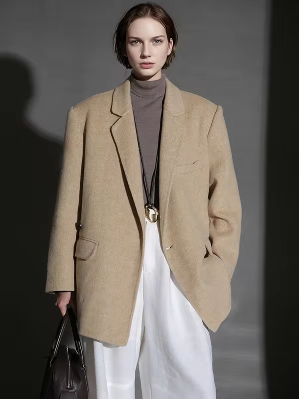 Herringbone Right Angled Shoulder Wool Blazer Coat Women, Fashion Ladies Autumn Winter Jacket