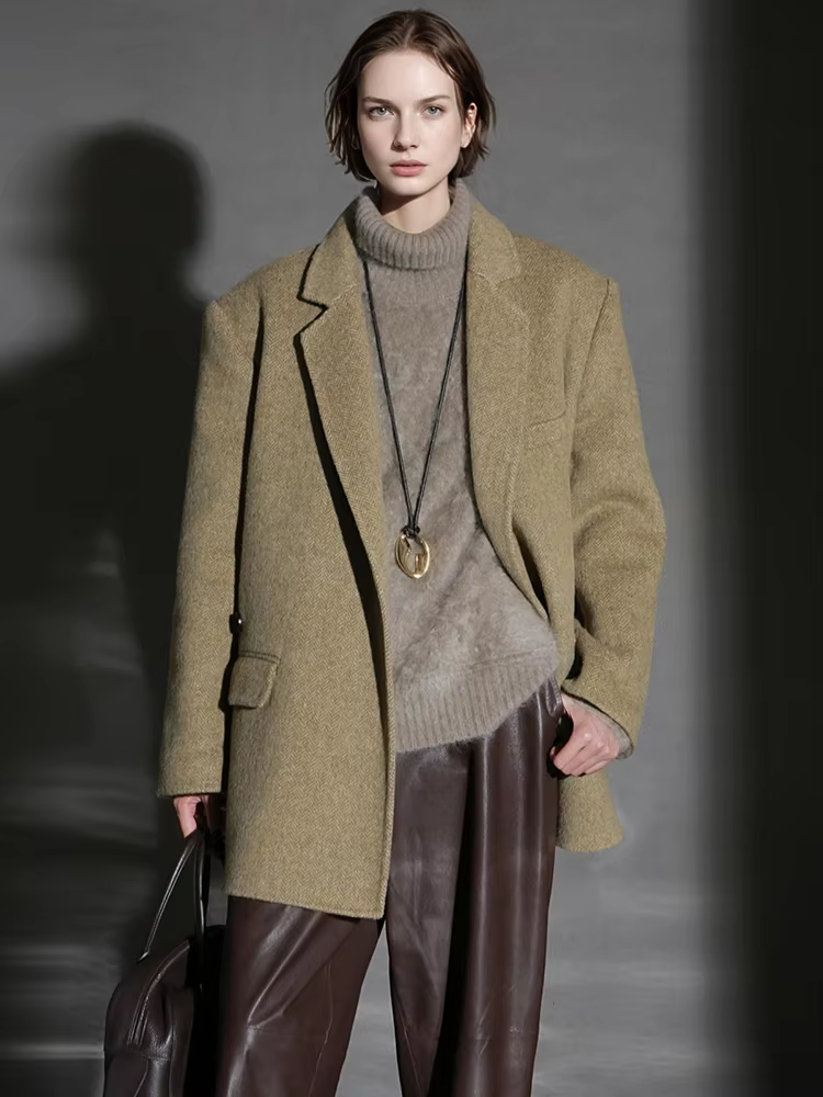 Herringbone Right Angled Shoulder Wool Blazer Coat Women, Fashion Ladies Autumn Winter Jacket