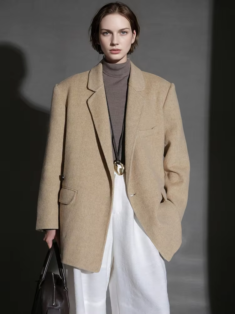 Herringbone Right Angled Shoulder Wool Blazer Coat Women, Fashion Ladies Autumn Winter Jacket
