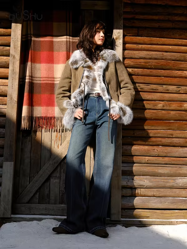 DUSHU [Warm Winter Mocha] 2025 Autumn and Winter Fox Fur Short Jackets Women Retro Loose Coats Streetwear Chic Brown Stylish