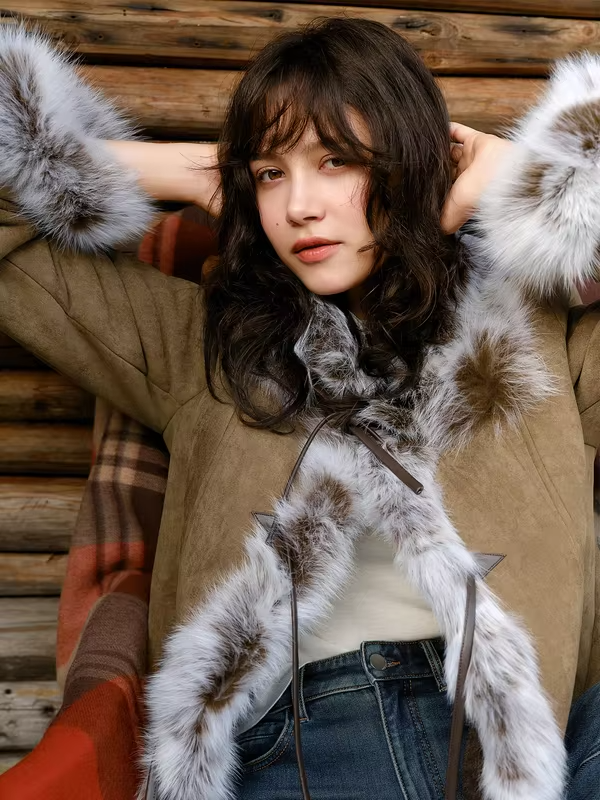 DUSHU [Warm Winter Mocha] 2025 Autumn and Winter Fox Fur Short Jackets Women Retro Loose Coats Streetwear Chic Brown Stylish