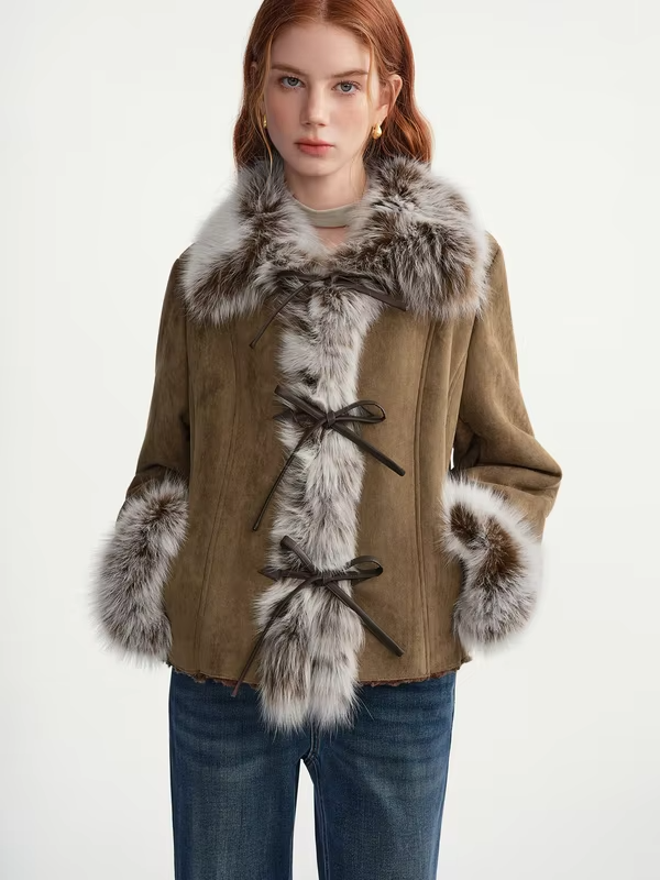 DUSHU [Warm Winter Mocha] 2025 Autumn and Winter Fox Fur Short Jackets Women Retro Loose Coats Streetwear Chic Brown Stylish