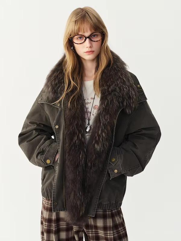 FSLE 2026 Winter Women Raccoon Fur Collar Down Parka Jacket Retro Hooded Thick Warm Windproof Vintage Street Outerwear Coat