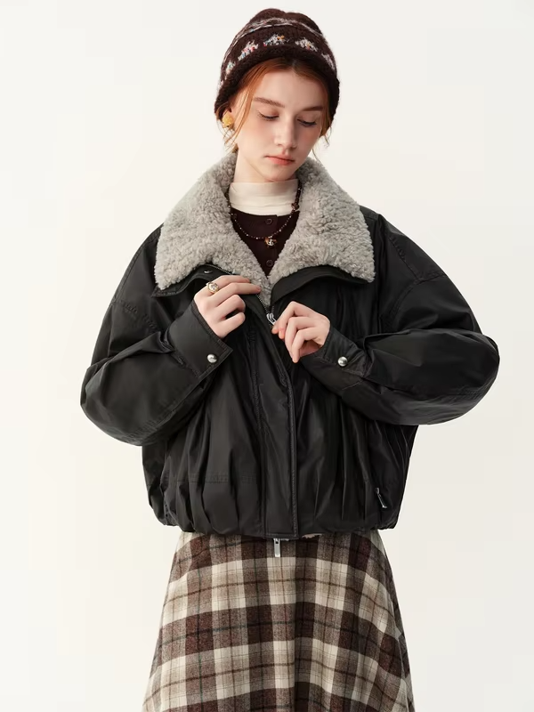 FSLE 2026 Women's Short Down Jacket Faux Sherpa Collar Warm Puffer Coat Casual Streetwear Outerwear Thickened Windproof Trendy