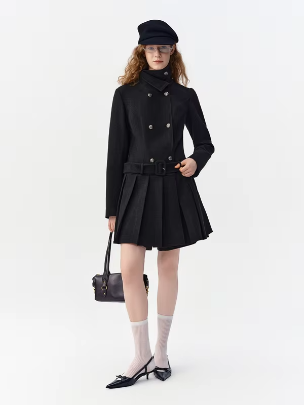 DUSHU Women Preppy Style Double Breasted Short Coat High Neck Belted Slim Fit Winter Commuter Jacket Pleated Skirt
