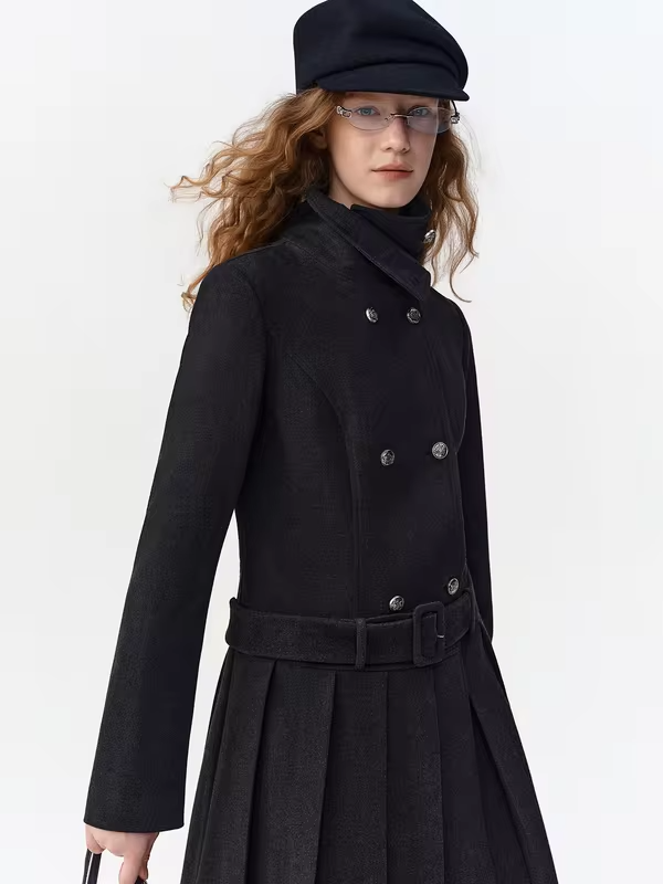 DUSHU Women Preppy Style Double Breasted Short Coat High Neck Belted Slim Fit Winter Commuter Jacket Pleated Skirt
