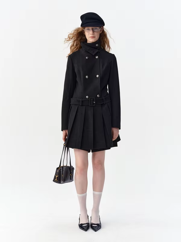 DUSHU Women Preppy Style Double Breasted Short Coat High Neck Belted Slim Fit Winter Commuter Jacket Pleated Skirt
