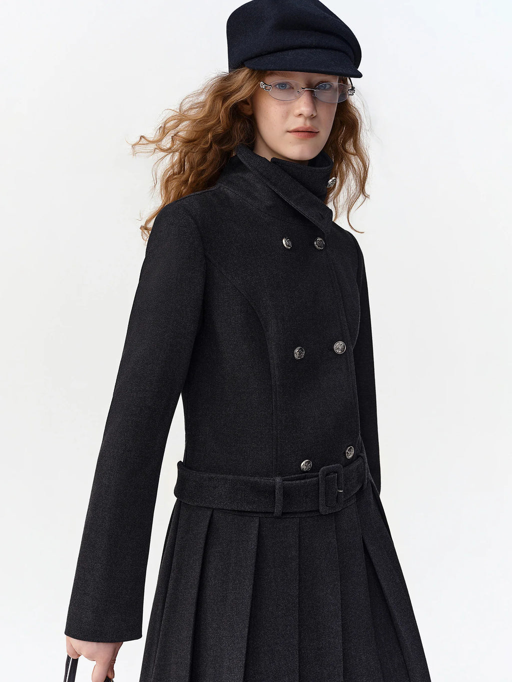 DUSHU Women Preppy Style Double Breasted Short Coat High Neck Belted Slim Fit Winter Commuter Jacket Pleated Skirt