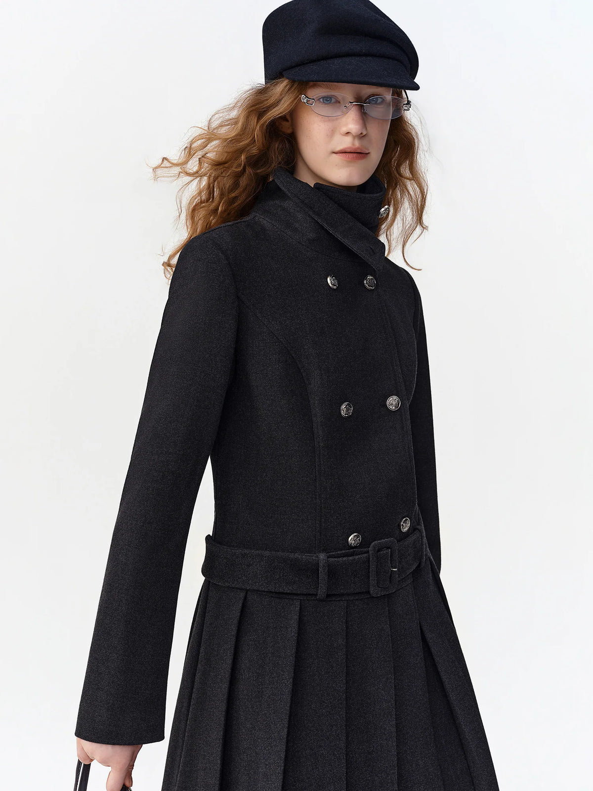DUSHU Women Preppy Style Double Breasted Short Coat High Neck Belted Slim Fit Winter Commuter Jacket Pleated Skirt