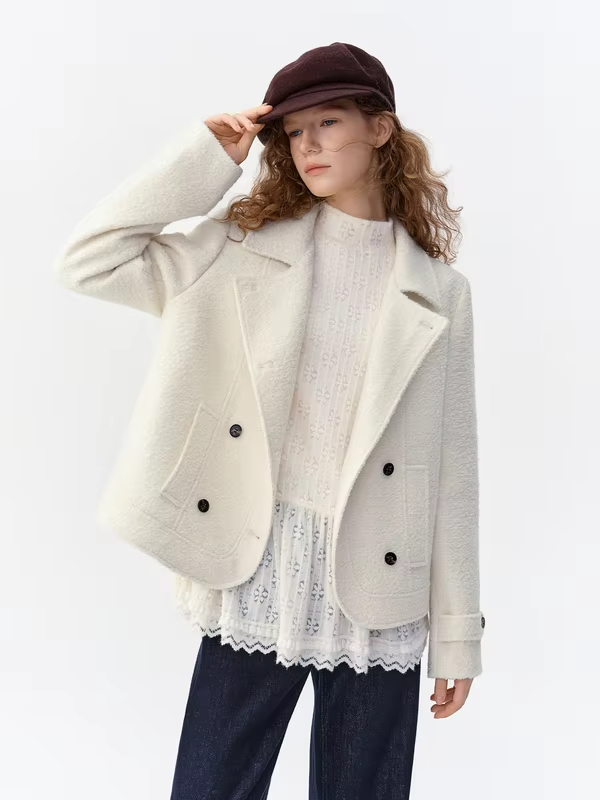 DUSHU Women Single Face Wool Blend Thick Short Coat Cropped Overcoat Lapel Button Office Winter Outerwear Elegant Streetwear
