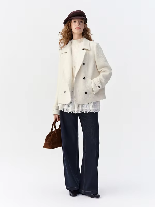 DUSHU Women Single Face Wool Blend Thick Short Coat Cropped Overcoat Lapel Button Office Winter Outerwear Elegant Streetwear