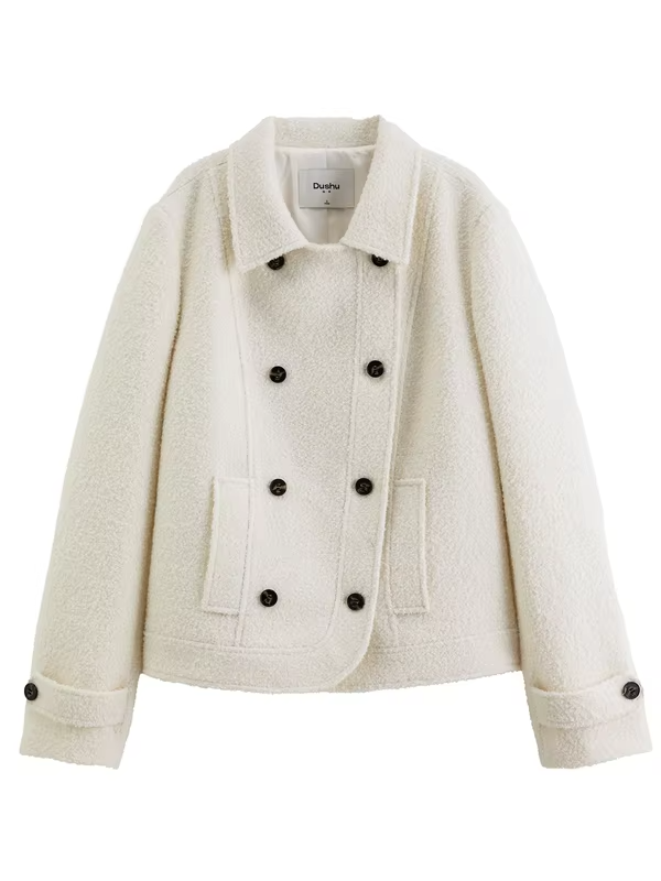 DUSHU Women Single Face Wool Blend Thick Short Coat Cropped Overcoat Lapel Button Office Winter Outerwear Elegant Streetwear