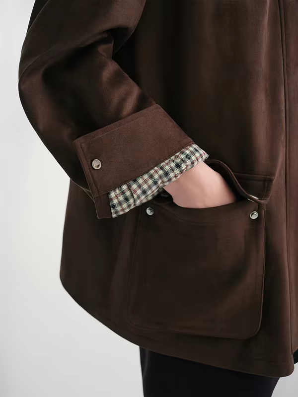 DUSHU Contrast Color Cropped Jacket Turn Down Collar Loose Autumn and Winter Jacket British Style Retro Coffee Chic