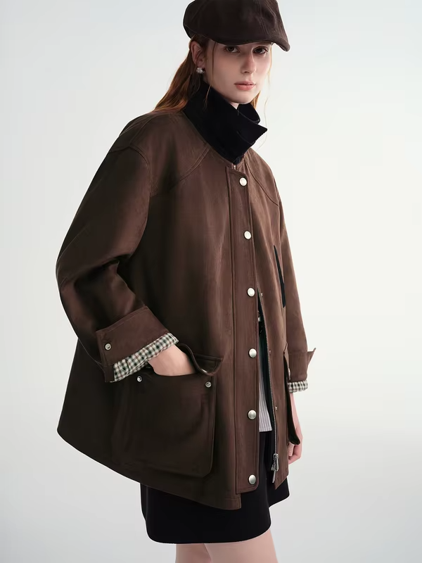 DUSHU Contrast Color Cropped Jacket Turn Down Collar Loose Autumn and Winter Jacket British Style Retro Coffee Chic