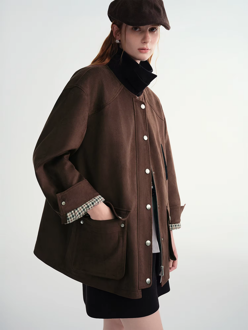 DUSHU Contrast Color Cropped Jacket Turn Down Collar Loose Autumn and Winter Jacket British Style Retro Coffee Chic