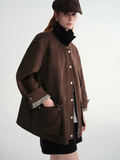 DUSHU Contrast Color Cropped Jacket Turn Down Collar Loose Autumn and Winter Jacket British Style Retro Coffee Chic