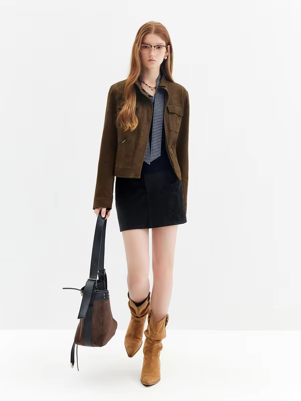 FSLE【Premium Series】Vintage Style Stand Collar Moto Jacket, Cropped Faux Suede Utility Coat for American Heritage Street Style